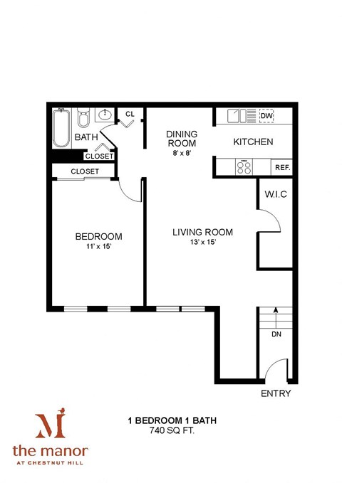 1 Bedroom 1 Bathroom Floor Plan at Chestnut Hill Village, Philadelphia, PA